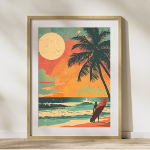 Vintage Surfer in Summer Sunset Retro Poster