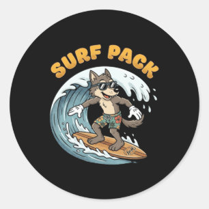 Vintage Surfing Wolf Surf Pack Ocean Waves Retro Classic Round Sticker