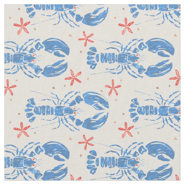 Vintage surreal pattern of blue lobsters. fabric (Close Up)