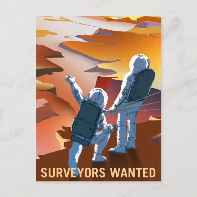 Vintage "Surveyors Wanted" Mars Recruitment Postcard (Front)