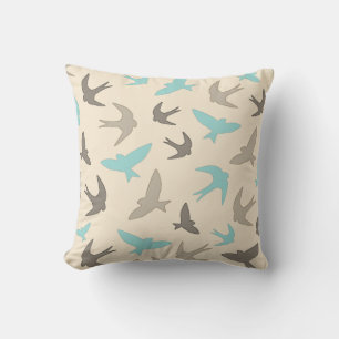 Vintage Swallow Birds Pattern Brown Beige Blue Cushion