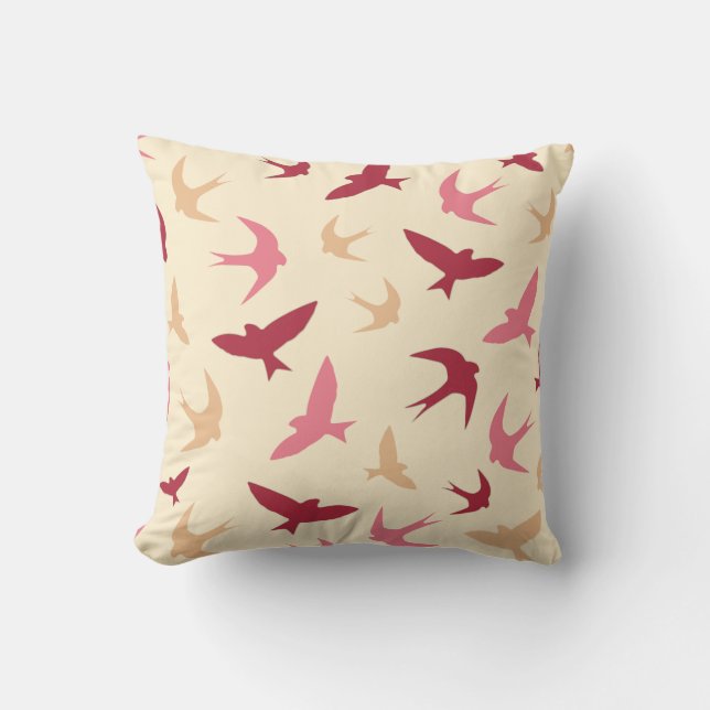 Vintage Swallow Birds Pattern Cream Red Pink Cushion (Front)