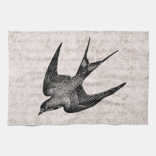 Vintage Swallow Illustration - 1800's Antique Bir Tea Towel