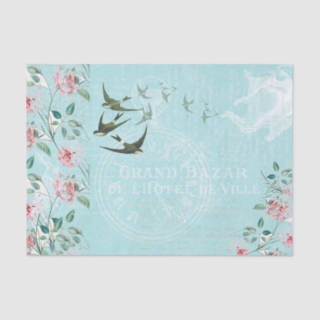 Vintage Swallows Aqua Pink Tissue Paper (Front)