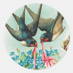 Vintage Swallows Couple and Floral Easter Eggs Classic Round Sticker