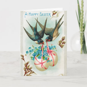 Vintage Swallows Couple and Floral Easter Eggs Holiday Card