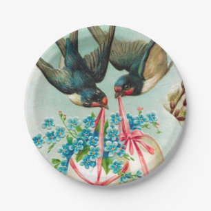 Vintage Swallows Couple and Floral Easter Eggs Paper Plate