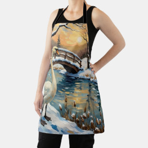 Vintage Swan by Snowy Bridge Christmas Painting Apron