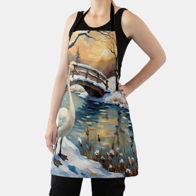 Vintage Swan by Snowy Bridge Christmas Painting Apron (Insitu)