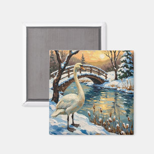 Vintage Swan by Snowy Bridge Christmas Painting Magnet