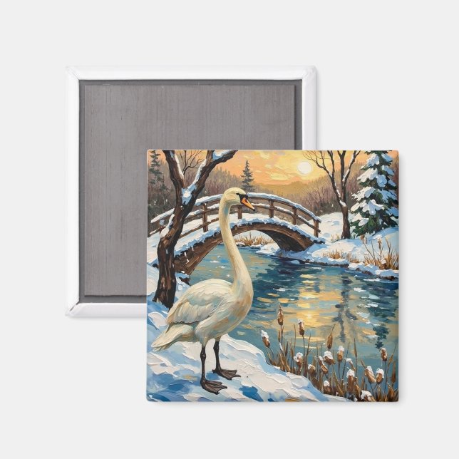 Vintage Swan by Snowy Bridge Christmas Painting Magnet (Front/Back)