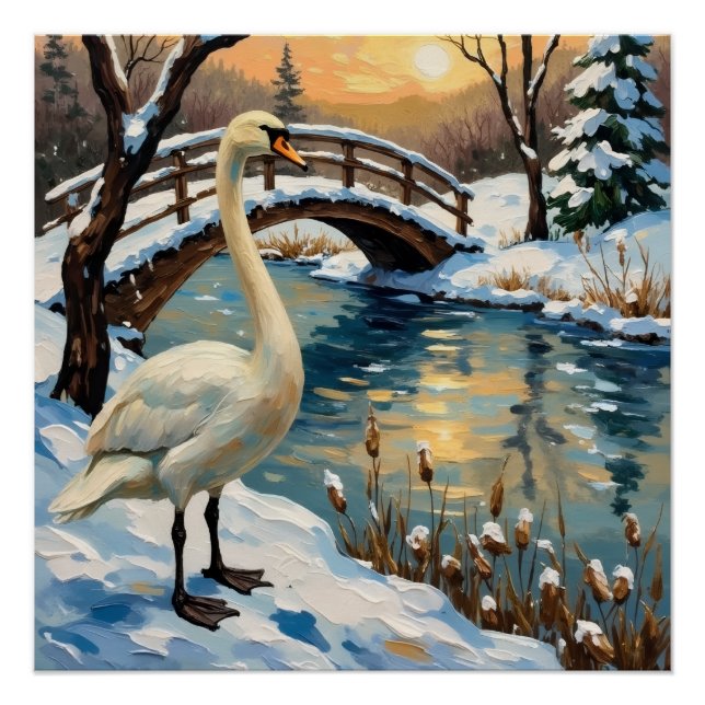 Vintage Swan by Snowy Bridge Christmas Painting Poster (Front)