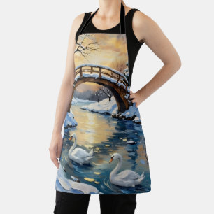 Vintage Swan Family Under Snowy Bridge Painting Apron