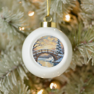 Vintage Swan Family Under Snowy Bridge Painting Ceramic Ball Christmas Ornament