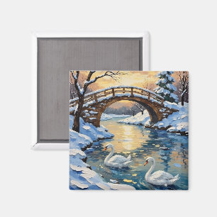 Vintage Swan Family Under Snowy Bridge Painting Magnet