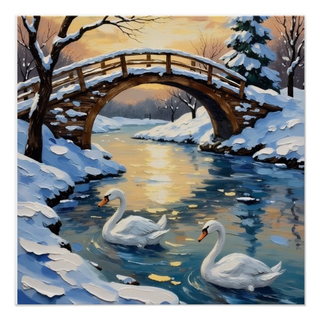 Vintage Swan Family Under Snowy Bridge Painting Poster (Front)