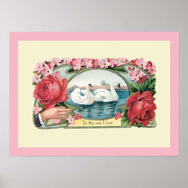 Vintage Swans and Roses Art Poster (Front)