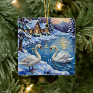 Vintage Swans on a Winter Lake Christmas Painting Ceramic Ornament