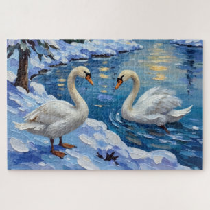 Vintage Swans on a Winter Lake Christmas Painting Jigsaw Puzzle