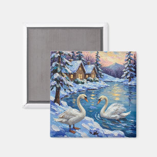 Vintage Swans on a Winter Lake Christmas Painting Magnet