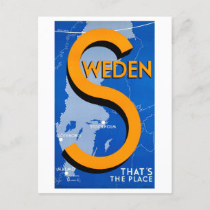 Vintage Sweden "That's the Place" Travel Poster Postcard