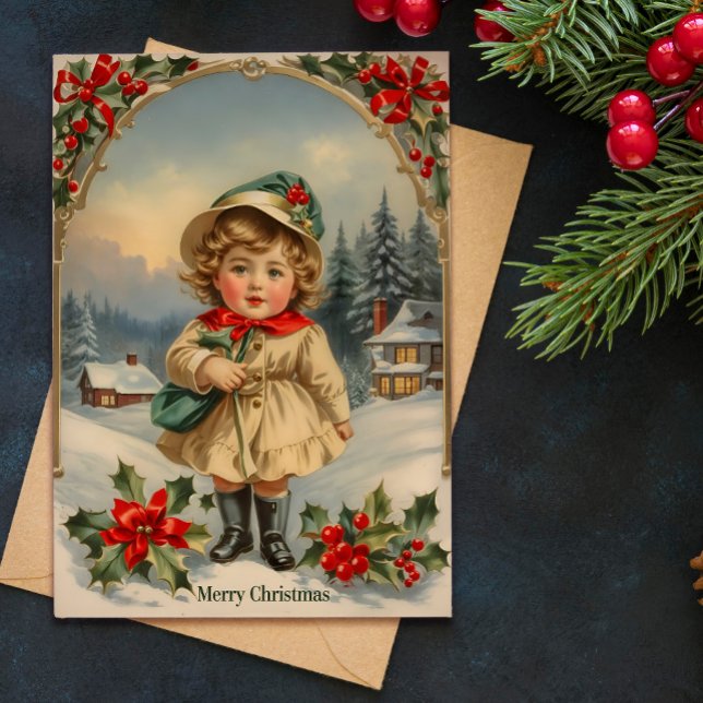 Vintage Sweet Girl Standing Christmas Holiday Card (Creator Uploaded)