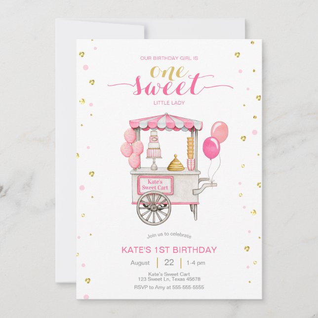 Vintage sweet treat cart 1st birthday party invitation (Front)