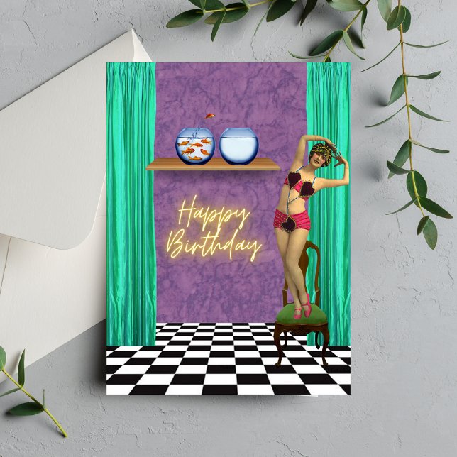 Vintage Swimmer Funky Altered Art Birthday Card (Creator Uploaded)
