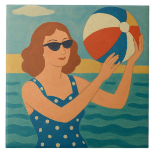 Vintage Swimmer with Beach Ball Tile