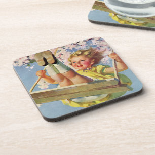 Vintage Swing, Girl Swinging in a Tree Childs Play Coaster