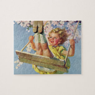 Vintage Swing, Girl Swinging in a Tree Childs Play Jigsaw Puzzle