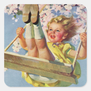 Vintage Swing, Girl Swinging in a Tree Childs Play Square Sticker