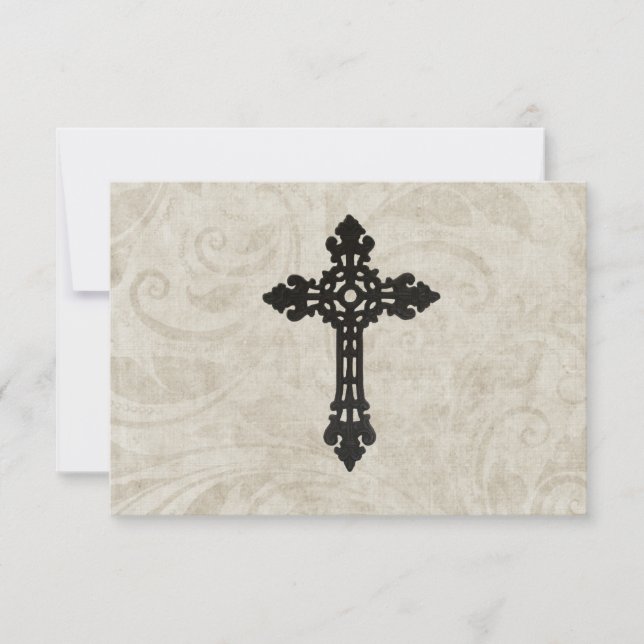 Vintage Swirl Catholic Cross RSVP  (Front)