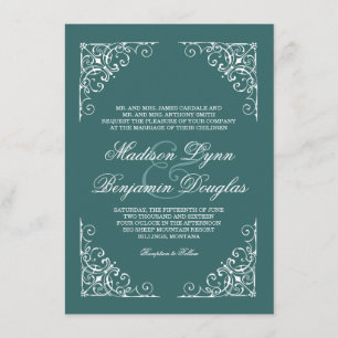 Vintage Swirl Frame Aqua Wedding Invitations