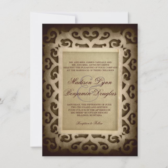 Vintage Swirl Frame Rustic Country Wedding Invites (Front)