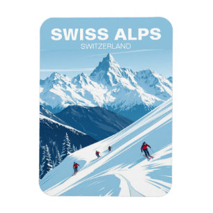 Vintage Swiss Alps Skiing Switzerland Travel Magnet