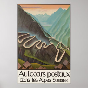 Vintage Swiss Alps Travel Poster Autocars Postaux