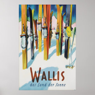 Vintage Switzerland Wallis Valais Ski Travel Poster