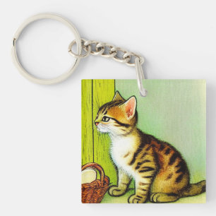 Vintage Tabby Cat Illustration Key Ring