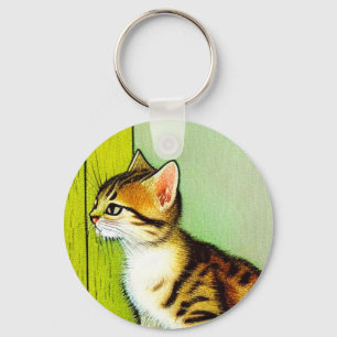 Vintage Tabby Cat Illustration Key Ring