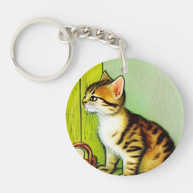 Vintage Tabby Cat Illustration Key Ring (Front)