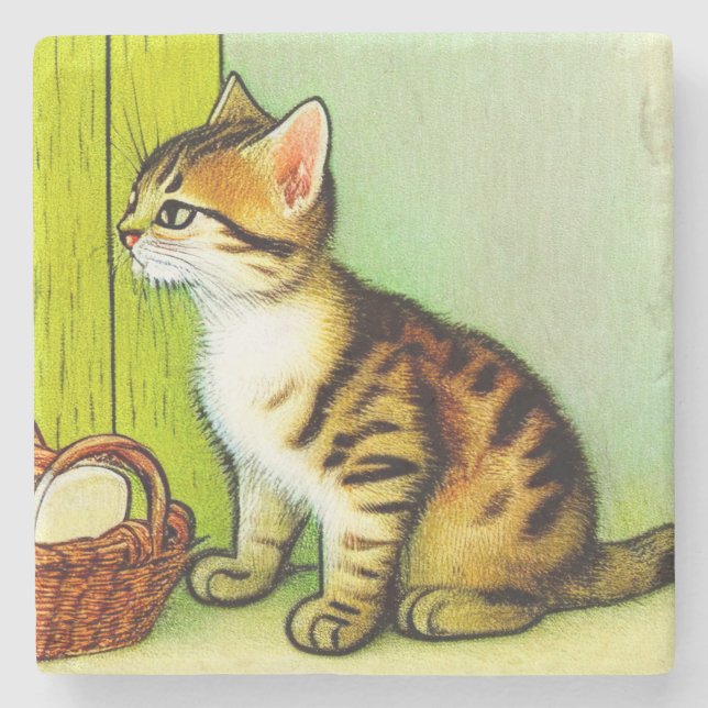 Vintage Tabby Cat Illustration Stone Coaster (Front)