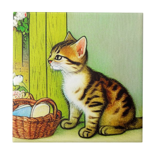 Vintage Tabby Cat Illustration Tile (Front)