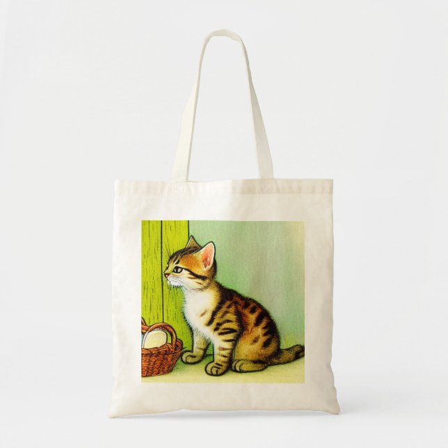 Vintage Tabby Cat Illustration Tote Bag (Front)