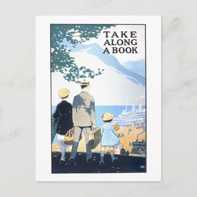 Vintage "Take Along a Book" Travel Poster Postcard (Front)