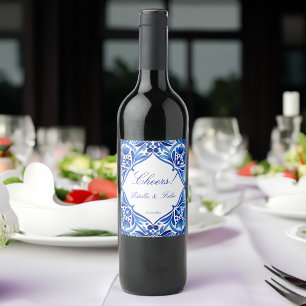 Vintage Talavera Azulejo blue tile wedding Wine Label