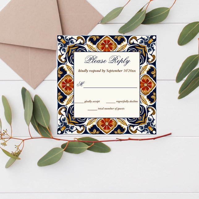 Vintage Talavera Azulejo blue tiles RSVP cards (Vintage Talavera Azulejo Mediterranean blue tiles RSVP cards wedding invitation suite)