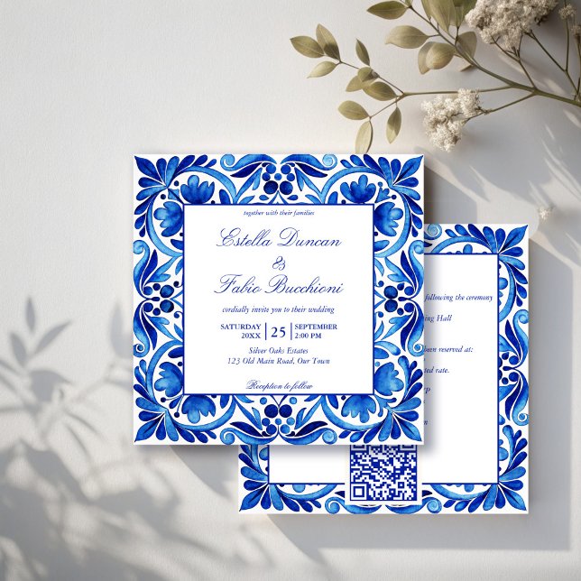 Vintage Talavera Azulejo blue tiles wedding Invitation (Vintage Talavera Azul blue tiles Mexican wedding Invitation cards with RSVP editable template)