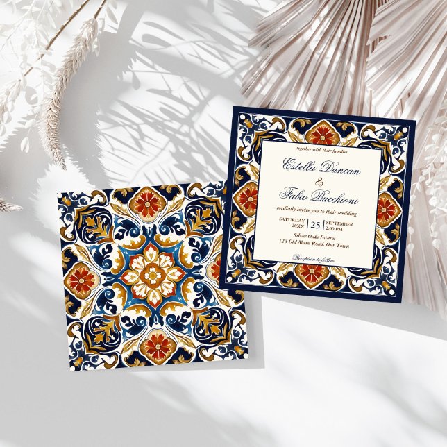 Vintage Talavera Azulejo blue tiles wedding Invitation (Vintage Talavera Azulejo Mediterranean blue tiles wedding Invitation editable template download)