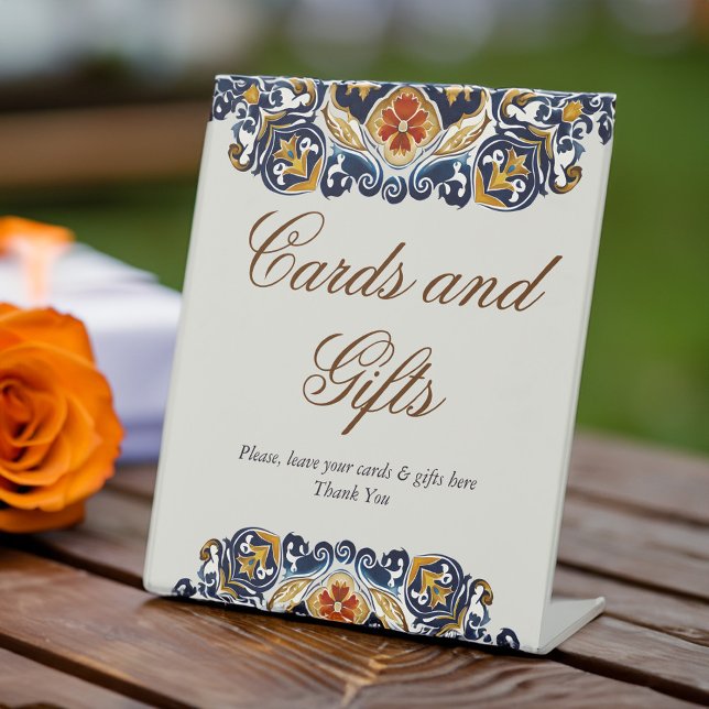 Vintage Talavera Azulejo blue tiles wedding Pedestal Sign (Vintage Talavera Azulejo blue tiles wedding gifts table Pedestal Sign personalized table decor)